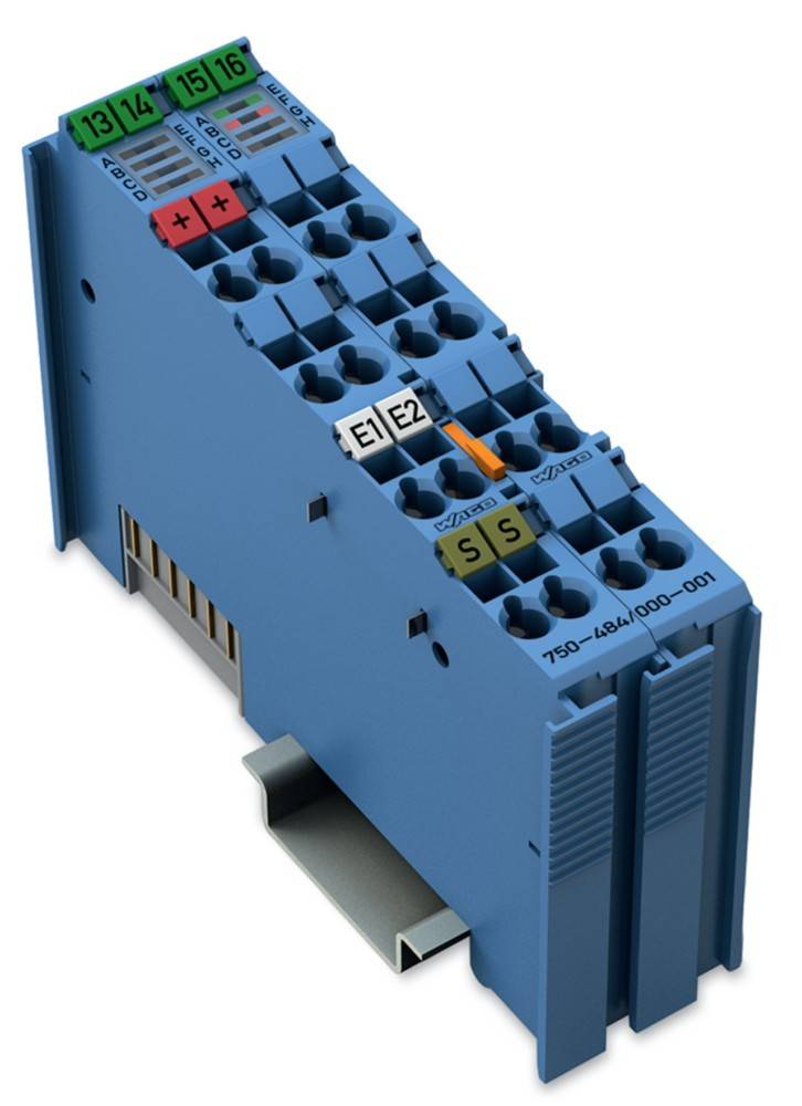 Ein blaues elektronisches Modul mit beschrifteten Anschlüssen und Indikatoren, das für elektrische Verbindungen und Signalübertragung in Automatisierungssystemen verwendet wird.
