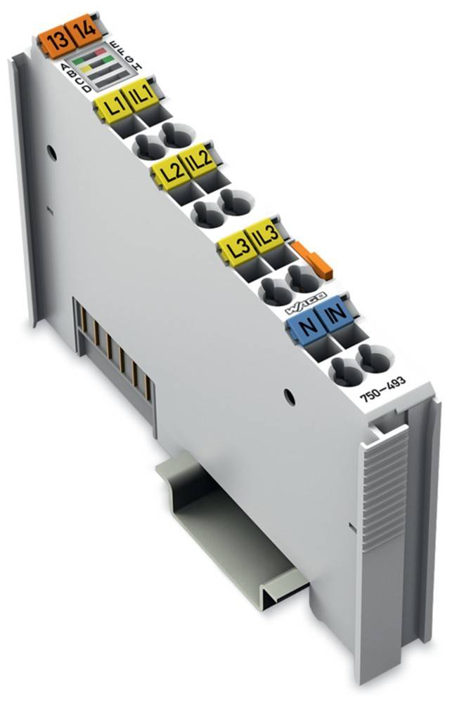 Elektronischer Anschlussblock mit grauen, gelben und blauen Anschlussklemmen für Eingangsverdrahtung, gekennzeichnet mit 'L1', 'L2', 'L3' und 'N'.