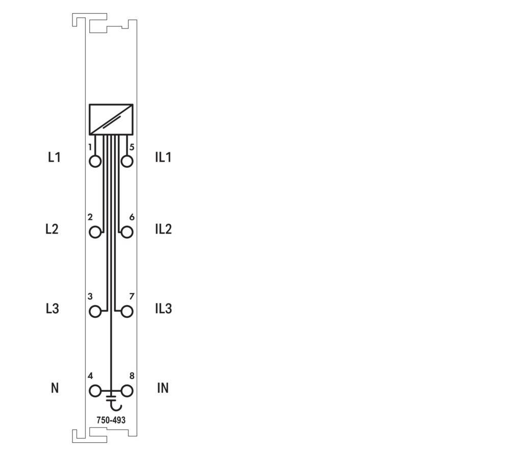 Diagramm zur Darstellung einer elektrischen Anschlussanordnung mit beschrifteten Anschlüssen: L1, L2, L3 für Phasen und N für Neutralleiter. Anschlüsse IL1, IL2, IL3, IN zeigen Eingangsklemmen an.