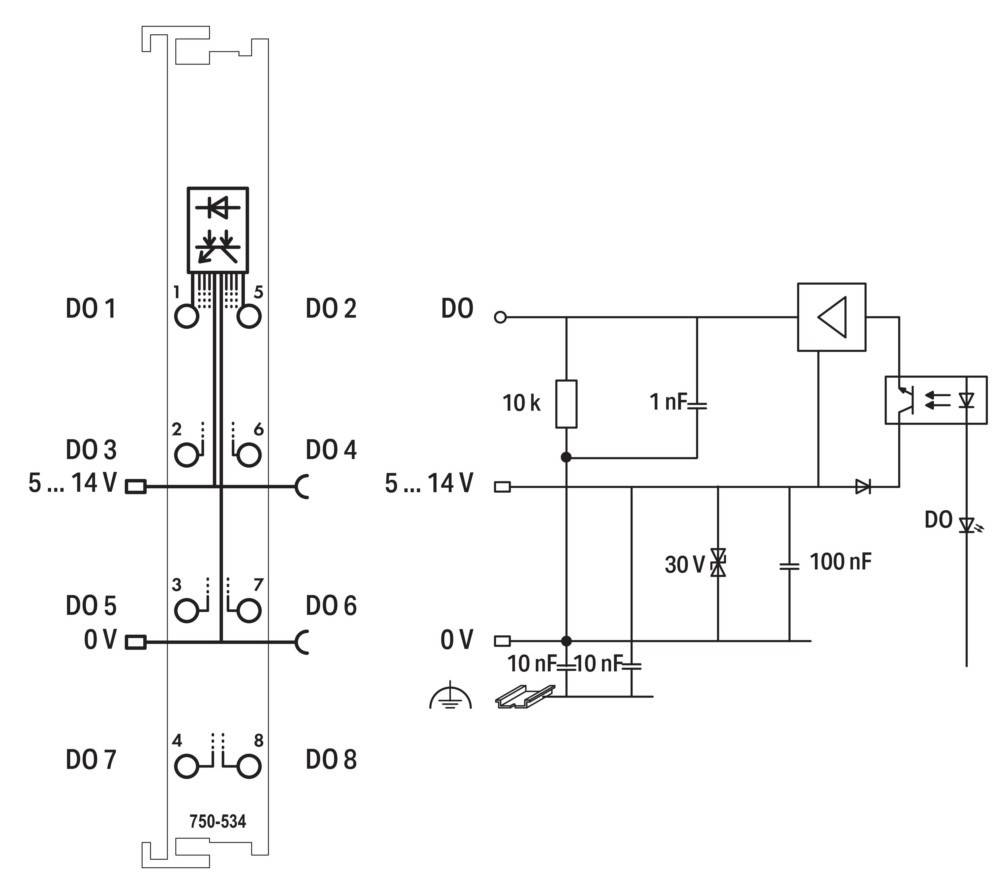 Diagramm eines elektrischen Schaltkreises mit Beschriftungen: D0, D1, D2, D3, D4, D5, D6, D7 und D8. Komponenten umfassen einen 10-kΩ-Widerstand und Kondensatoren.