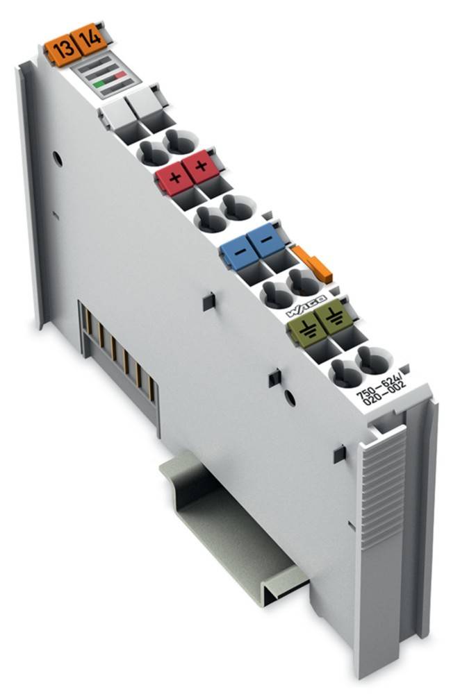 Ein Nahaufnahmefoto eines WAGO elektrischen Reihenklemmenmoduls mit farbigen Drahtanschlüssen und beschrifteten Klemmverbindungen.