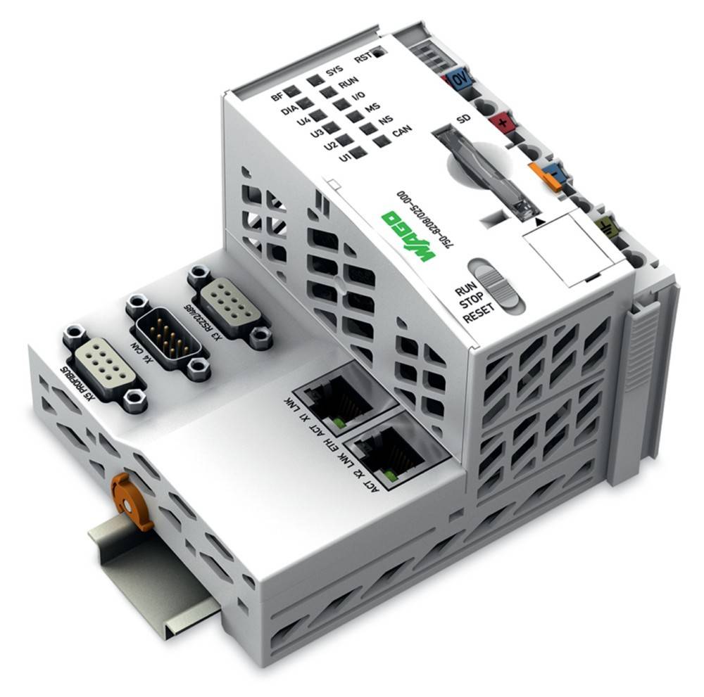 Ein weißes elektronisches Gerät mit verschiedenen Anschlüssen und Verbindern, einschließlich serieller, Ethernet- und Reset-Tasten, das für industrielle Automatisierung verwendet wird.