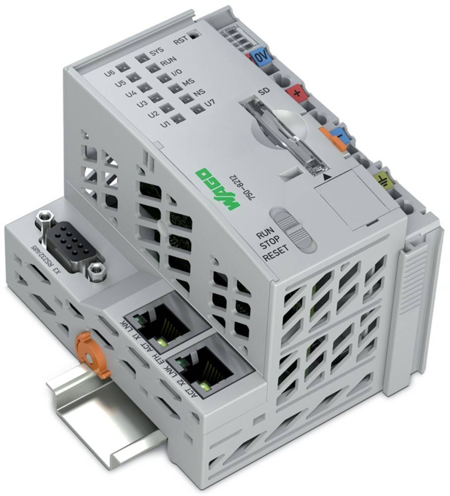 Ein grauer industrieller Automatisierungsmodul mit Ethernet-Ports, einer Ein-/Ausgabeschnittstelle und beschrifteten Anzeigen für den Systemstatus, montiert auf einer Hutschiene.