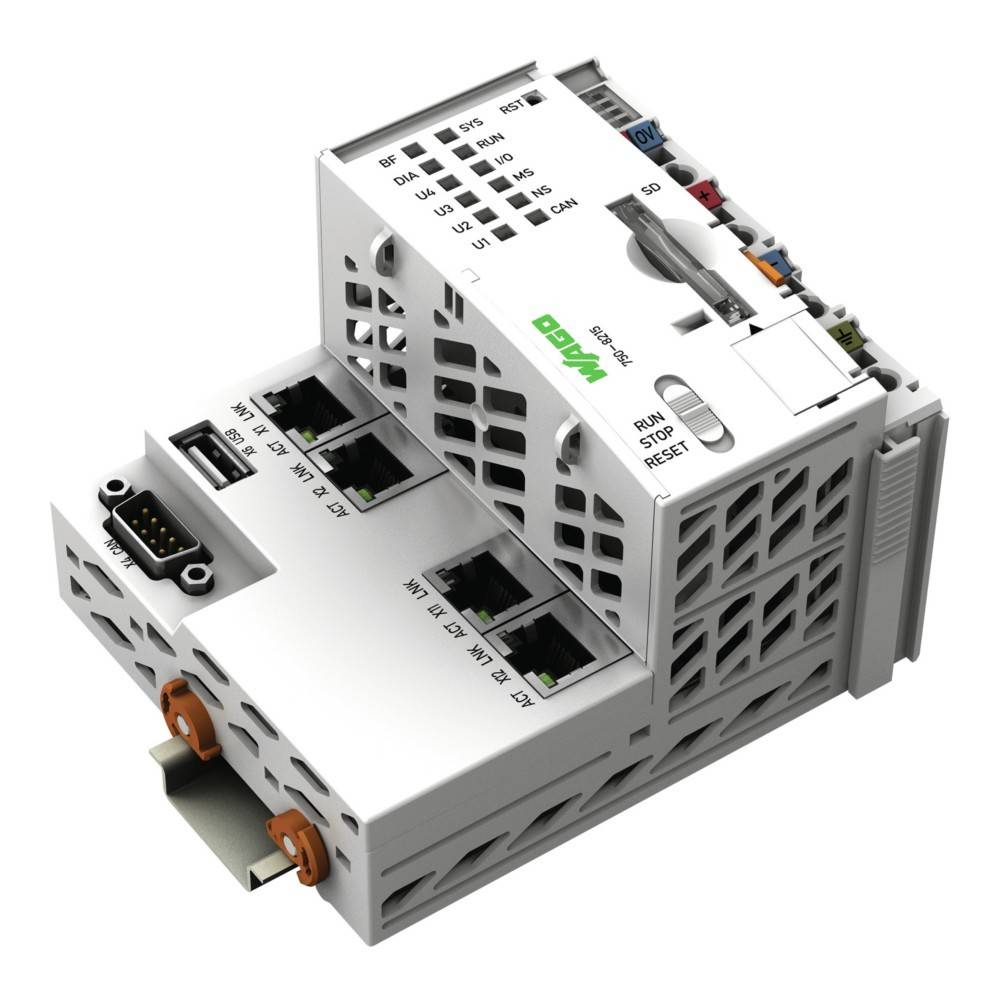 Ein programmierbarer Logikcontroller (SPS) mit mehreren Ethernet-Anschlüssen und Statusanzeigen, verwendet für industrielle Automatisierung und Steuerung.