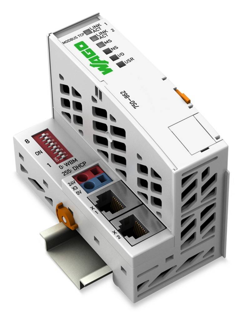 Ein weißes WAGO-Netzwerkmodul mit Ethernet-Ports, einem DIP-Schalter und Statusindikatoren, das für industrielle Automatisierungsverbindungen verwendet wird.