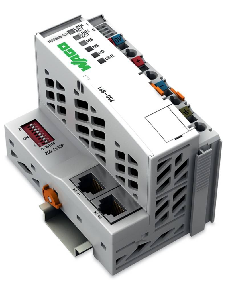 Eine modulare industrielle Automatisierungskomponente mit mehreren Anschlüssen und Indikatoren, beschriftet mit 'WAGO', verwendet für Netzwerkverbindungen und Steuerung.