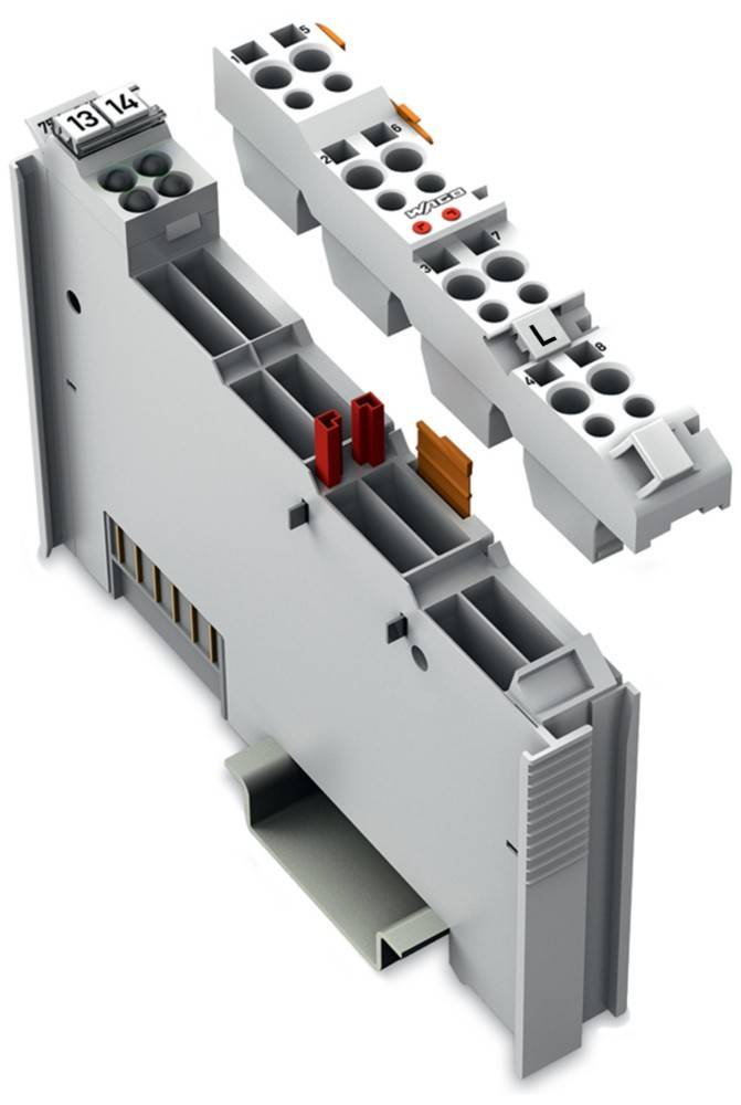 Eine zerlegte elektrische Komponente, die Schlitze für Verkabelung und Anschlusspunkte zeigt. Beschriftungen geben Spannung und Schaltkreispfade an.