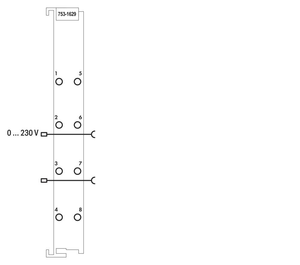 Diagramm mit einer Klemmleiste und nummerierten Punkten von 1 bis 8. Anschlusspunkte sind mit '230 V' gekennzeichnet und der Hauptblock ist mit '753-1629' markiert.