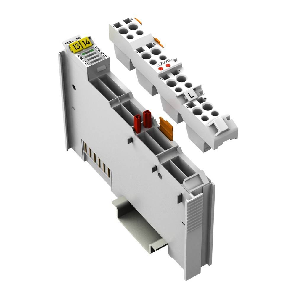 Eine Darstellung eines modularen elektronischen Anschlussklemmenblocks mit beschrifteten Abschnitten 13 und 14, die interne Komponenten und Verbindungspunkte zeigt.
