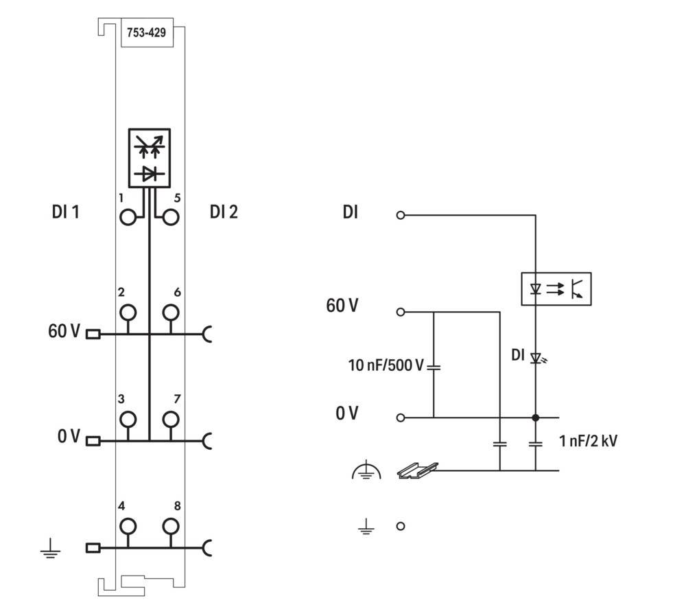 Schematische Darstellung einer elektronischen Schaltung mit einer Brückengleichrichter-Schaltung, zwei Dioden mit den Bezeichnungen DI1 und DI2, Spannungen von 60V und 0V sowie Kondensatoren.
