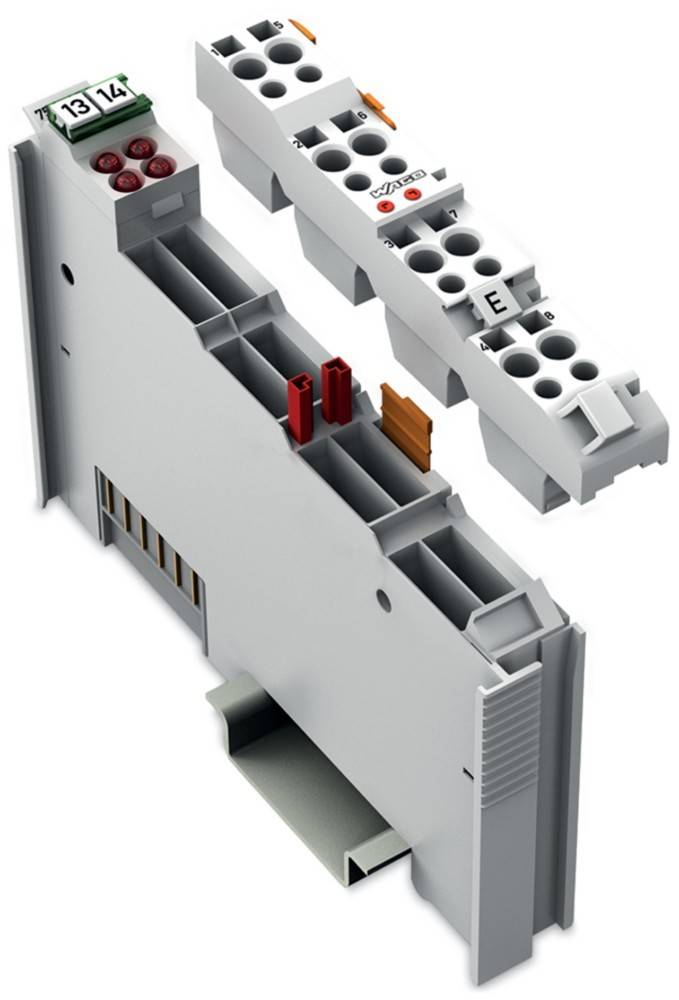 Modularer Elektro-Anschlussblock mit Komponenten von A bis E für Schaltkreisverbindungen, ausgestattet mit Schlitzen und Anschlüssen für Verdrahtung.