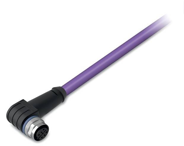 Ein violettes Kabel mit Winkel und schwarzem Anschluss, das ein rundes Ende mit mehreren Steckplätzen für elektrische Verbindungen aufweist.