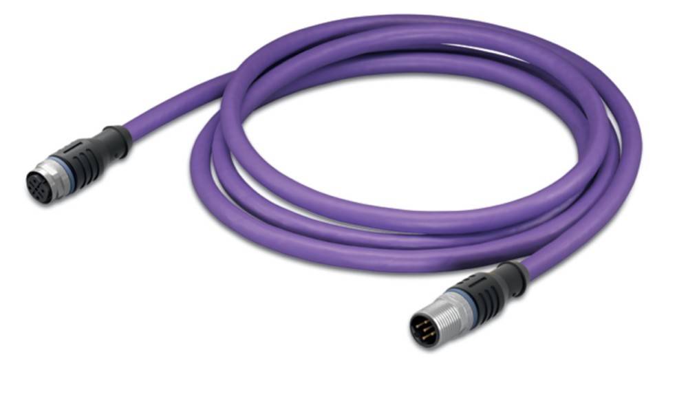 Ein aufgerolltes lila Kabel mit einem Mehrfachanschluss an einem Ende, entwickelt für elektronische oder Audiogeräte-Verbindungen.