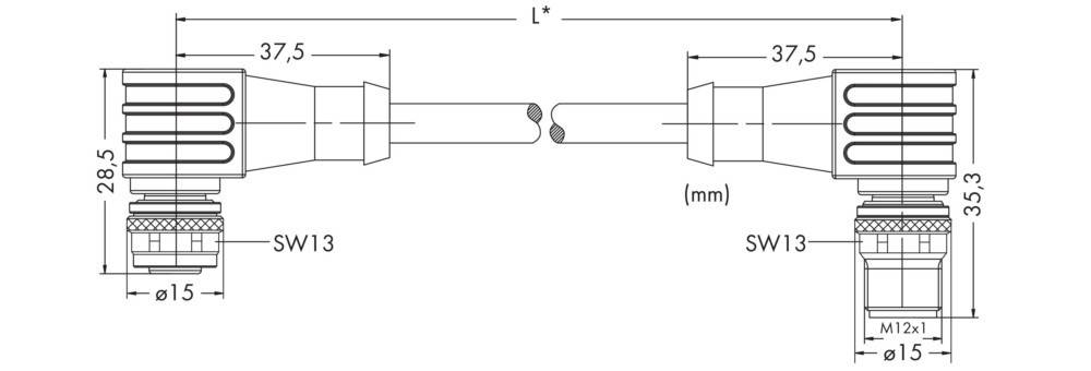 Technische Zeichnung mit Abmessungen für zwei zylindrische Objekte mit überlappenden Enden. Mit 'L*' neben '(mm)' gekennzeichnet, was die Länge in Millimetern angibt.