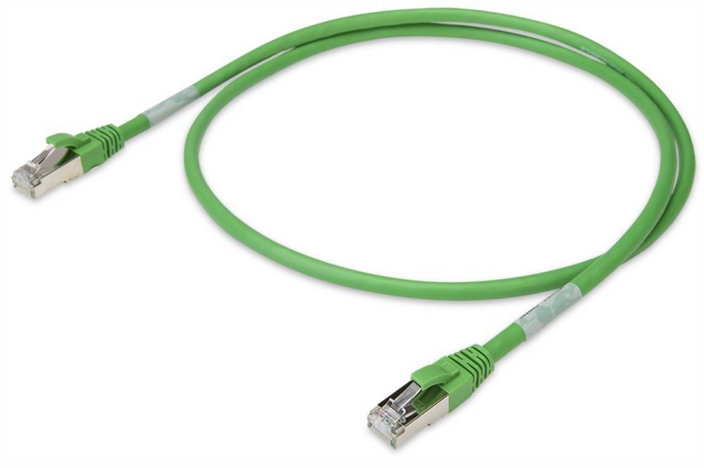 Ein grünes Ethernet-Kabel, das lose gewickelt ist, mit einem transparenten Stecker an einem Ende, verwendet für Netzwerkverbindungen.