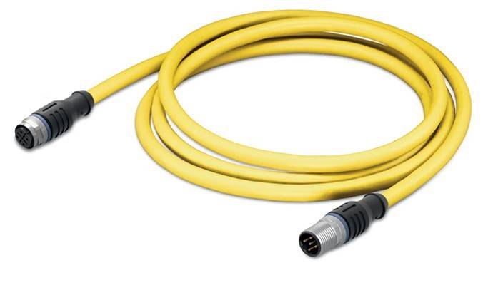 Ein gelbes gewickeltes Kabel mit einem silbernen Stecker am Ende, das üblicherweise für industrielle oder elektronische Geräteverbindungen verwendet wird.