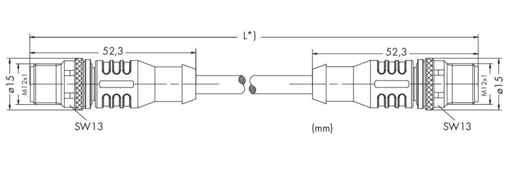 Diagramm von zwei zylindrischen Objekten, horizontal ausgerichtet, wobei jedes eine konische Sektion an einem Ende hat, getrennt durch einen Zwischenraum, der mit 