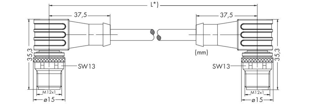 Querschnittsdiagramm einer zylindrischen Komponente mit Beschriftungen der Maße 'L' und '(mm)', das die inneren und äußeren Profile zeigt.