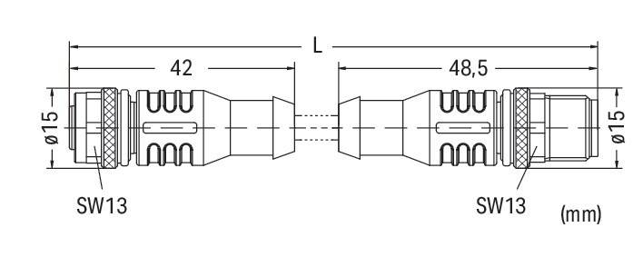 Technische Zeichnung eines symmetrischen Objekts mit beschrifteten Pfeilen, die die Gesamtlänge 'L' und die Breite '2' angeben. Das Objekt hat einen zentralen zylindrischen Abschnitt und ausgestellte Enden.