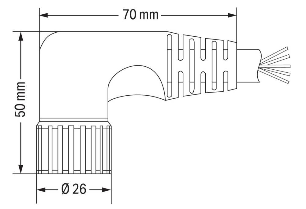 Eine technische Zeichnung eines Rohranschlusses mit Maßangaben: Gesamtlänge 70 mm, Durchmesser 26 mm. Die Zeichnung zeigt verschiedene Details des Anschlusses.