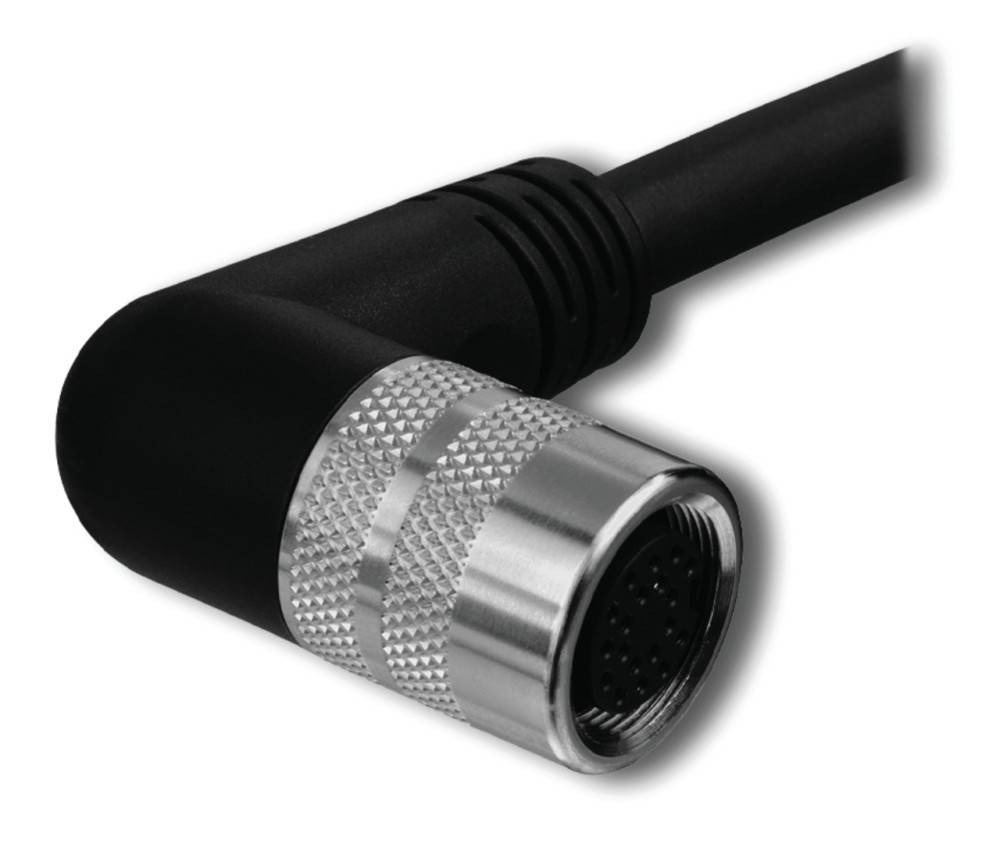 Eine Nahaufnahme eines L-förmigen Audiokabels mit einem metallischen Anschluss und strukturiertem Griff, ideal für professionelle Soundausrüstungsverbindungen.