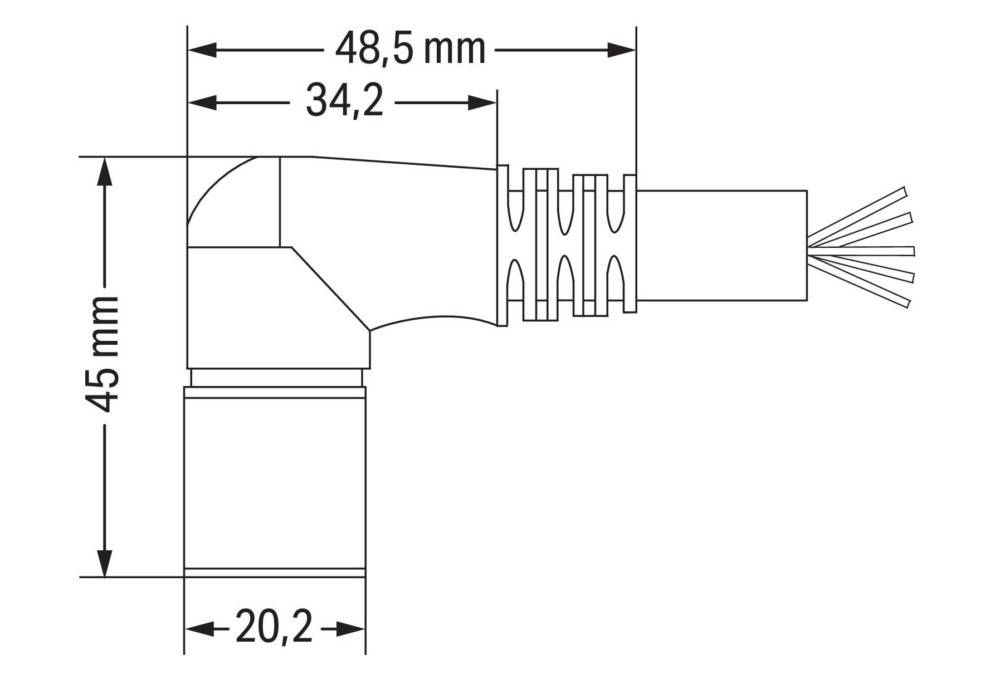 Eine technische Zeichnung eines Rohrbogenverbinders mit folgenden Abmessungen: 48,5 mm Länge, 34,2 mm Höhe, 20,2 mm Basisbreite.