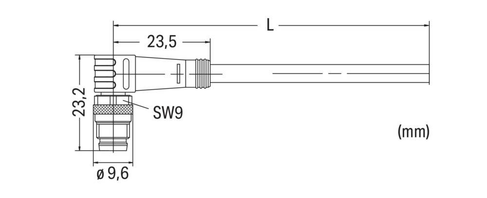 Technische Zeichnung eines Metallteils mit einer Welle mit Gewindeabschnitt. Abmessungen: Länge 'L', 23,5 mm am Ende, mit 'SW9' für Schlüsselweite gekennzeichnet.