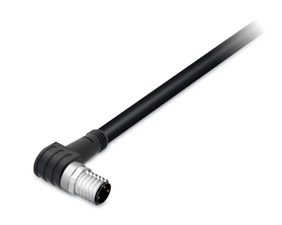 Ein Koaxial-Verbindungsstecker im rechten Winkel mit einem verschraubten Metallende und einem schwarzen Isolierkörper, der sich nach links erstreckt.