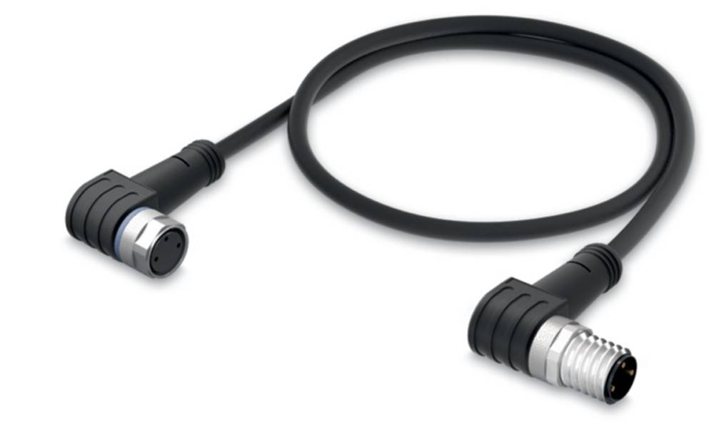 Ein schwarzes Kabel mit Anschlüssen an beiden Enden, aufgewickelt auf einer weißen Oberfläche.
