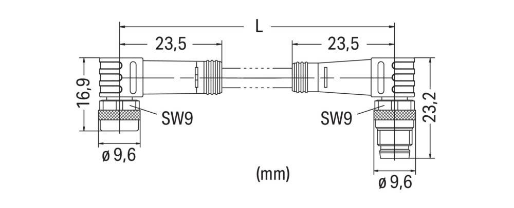 Diagramm einer doppelendigen Komponente mit Maßangaben: Länge 'L', 23,5 mm an jedem Ende, mit 'SW9' beschriftet. Maße in Millimetern.