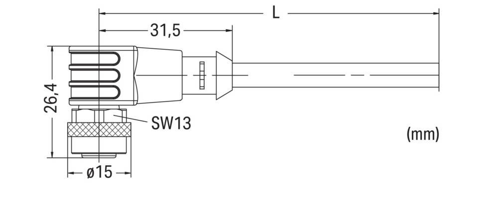 Technische Zeichnung mit Abmessungen eines mechanischen Bauteils mit zwei Ausnehmungen: Länge (L), Breite (31,5) und Schraubenschlüsselgröße (SW13) gekennzeichnet.