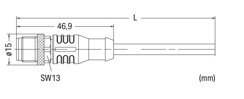Technische Zeichnung eines zylindrischen Objekts mit einem konischen Abschnitt, Länge mit 'L' gekennzeichnet, Seitenansicht dargestellt mit Dimensionen für das Design.