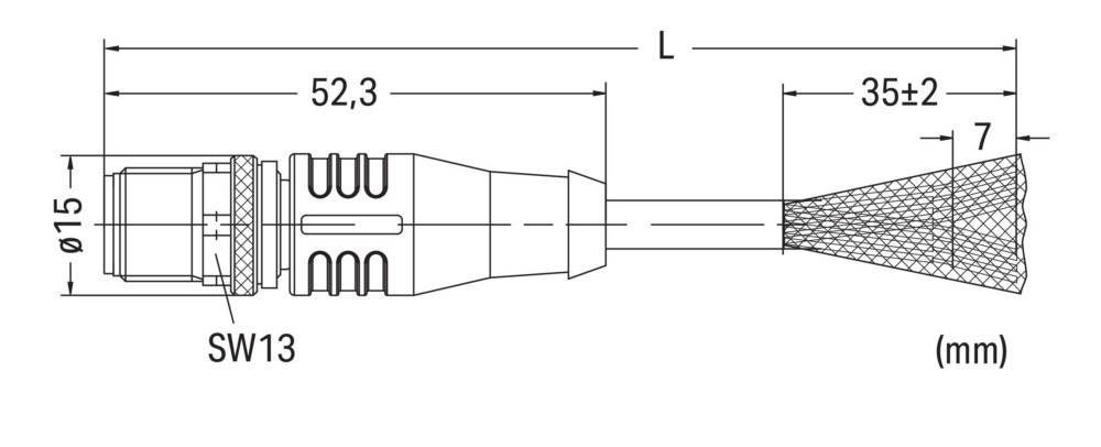 Ein technisches Diagramm zeigt einen Koaxialkabelstecker mit einer Längenmessung, beschriftet mit „L = 22,3