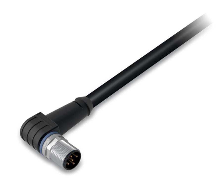 Ein rechtwinkliger industrieller Kabelverbinder mit einem schwarzen Kabel.
