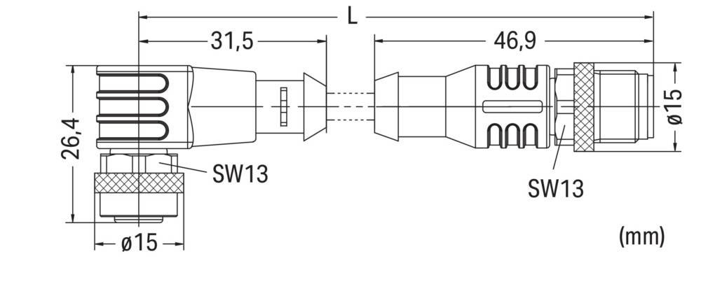 Technische Zeichnung eines mechanischen Bauteils mit Beschriftung 'L', 'SW13', das eine zylindrische Komponente mit markierten Abmessungen von '31,5' darstellt.