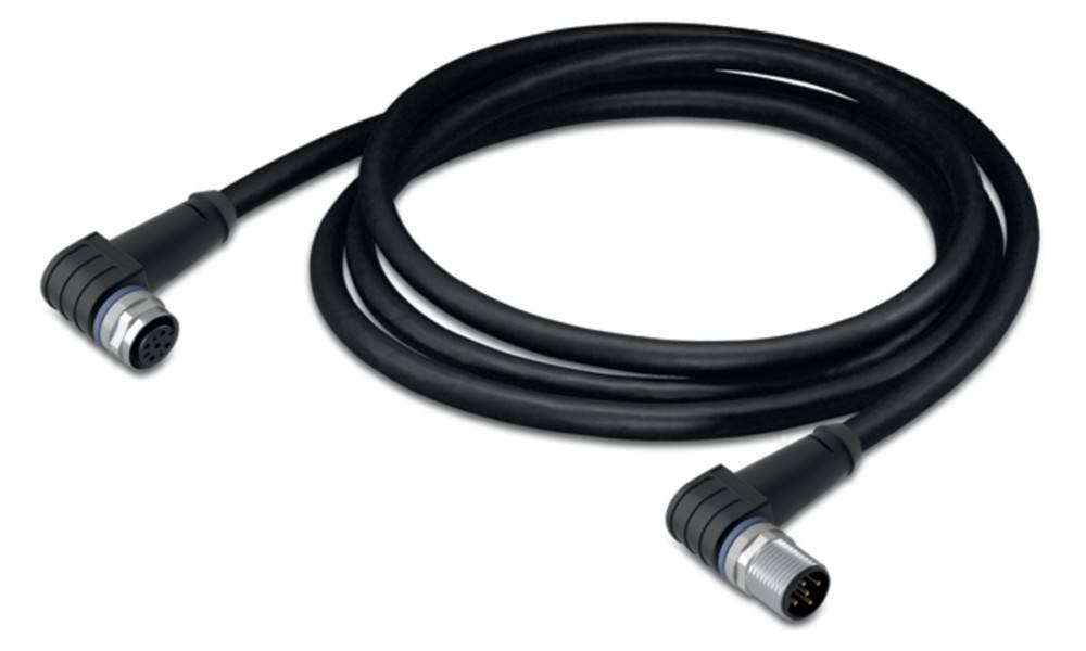 Ein gewickeltes schwarzes Kabel mit einem metallischen Anschluss an einem Ende, das üblicherweise für Stromübertragung oder Datenübertragung verwendet wird.