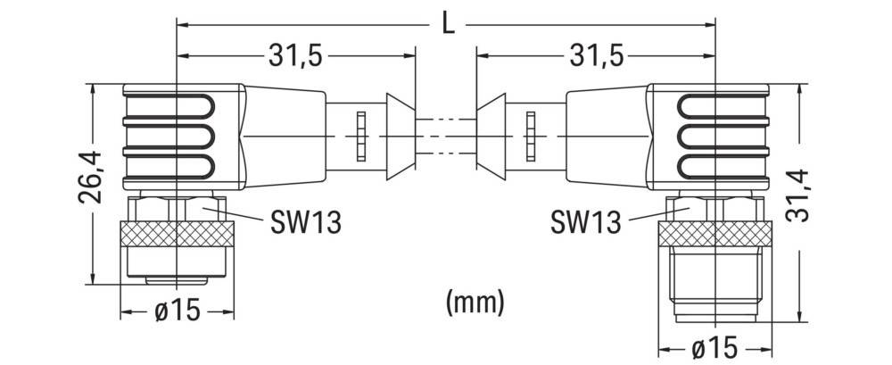 Technische Zeichnung eines symmetrischen Bauteils mit Länge 'L', zwei Abschnitten mit der Beschriftung '31,5' mm und 'SW13' an beiden Enden.