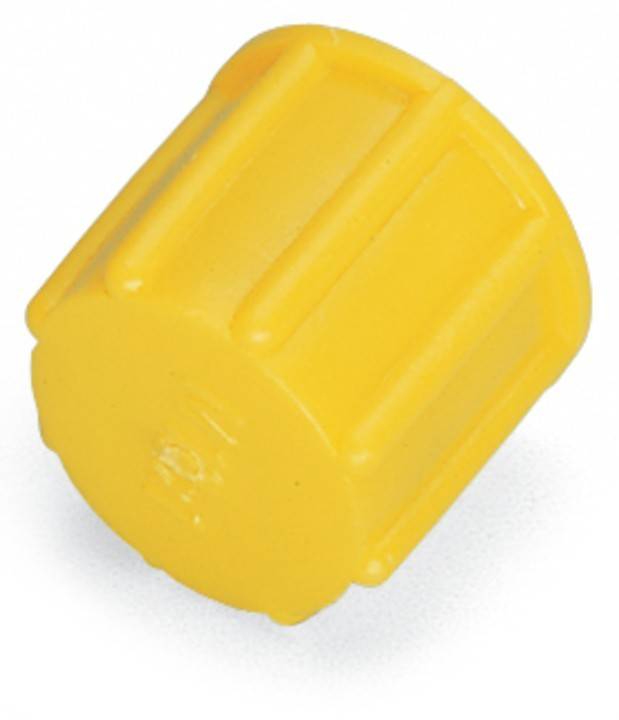 Ein gelber, zylindrischer Lego-Knopf, der einem Fass mit glatter Oberfläche und gerillten Seiten ähnelt und zum Bauen oder kreativen Spielen verwendet wird.