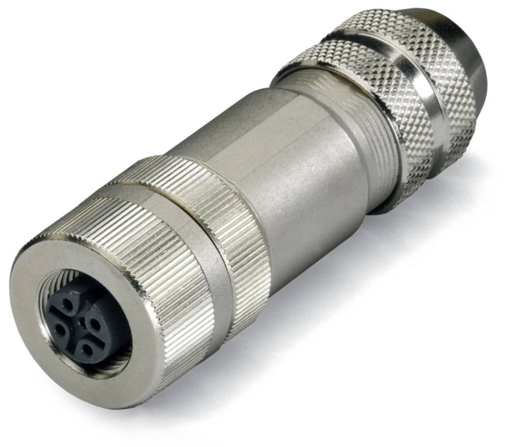 Ein zylindrischer Metallsteckverbinder mit vier Pins, konzipiert für industrielle Geräte, vor einem weißen Hintergrund dargestellt.