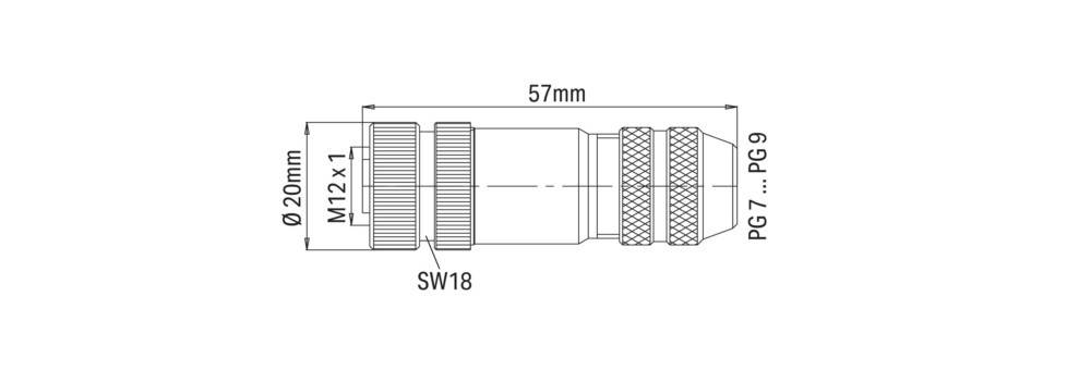 Technische Zeichnung eines zylindrischen Verbinders mit einer Länge von 57 mm, beschriftet mit 'SW18'. Enthält detaillierte Aussparungen und Rillen für die Befestigung.