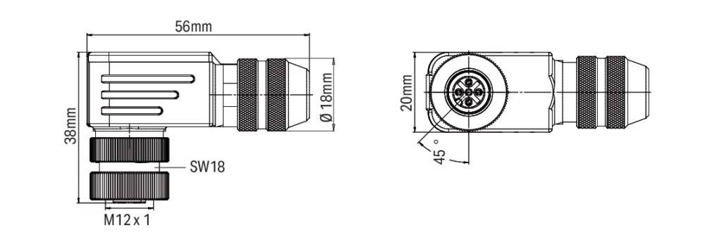 Technische Zeichnung eines zylindrischen Verbinders mit Maßangaben: Durchmesser 18 mm, Länge 20 mm, Seiten- und Aufsicht.