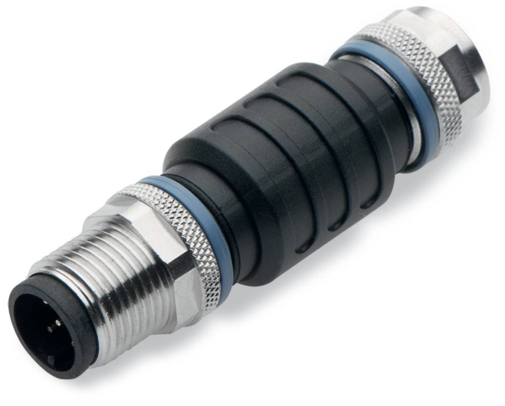 Ein zylindrischer Kabelverbinder mit schwarzer, gerippter Griffoberfläche und metallischen Enden, der für sichere elektrische Verbindungen in industriellen Umgebungen verwendet wird.