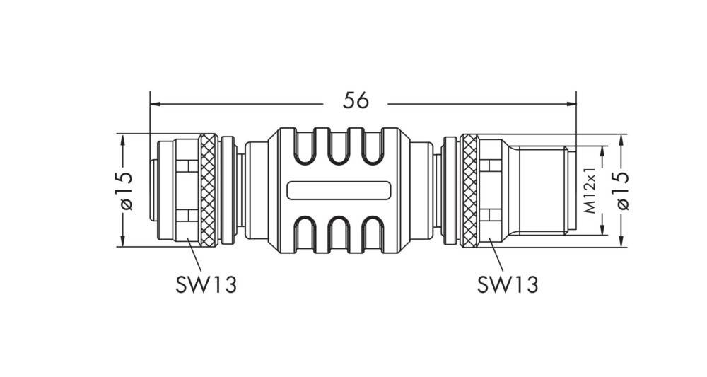 Diagramm eines Metallverbinders mit Abmessungen; Gesamtlänge ist '56', an beiden Enden mit 'SW13' beschriftet, mit gerillter Gestaltung.