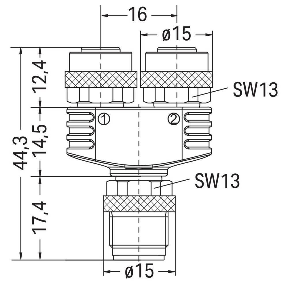 Technische Zeichnung einer T-förmigen Rohrverschraubung. Abmessungen: 44,3 mm Höhe, 16 mm Breite oben, 15 mm Durchmesser an den Enden. Beschriftungen: SW13 und numerische Kennzeichnungen.