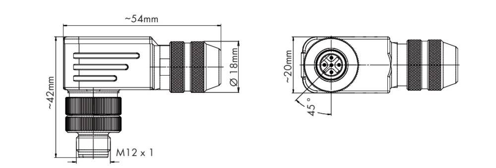 Skizze eines zylindrischen Verbinders mit Abmessungen: 18 mm Durchmesser, ungefähr 20 mm lang und in einem Winkel von 45 Grad geneigt.