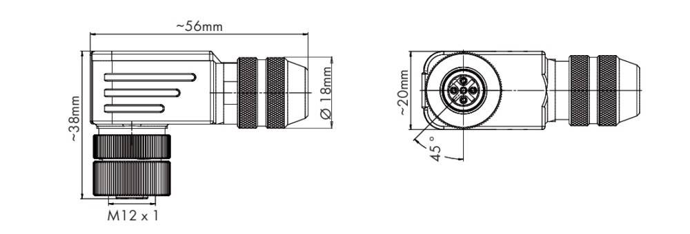 Technische Zeichnung eines zylindrischen Steckers mit Abmessungen: 18 mm Durchmesser und 20 mm Länge. Ausgestattet mit einem kreisförmigen Anschluss in einem 45° Winkel.