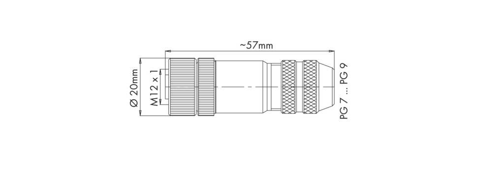 Technische Zeichnung eines Verbindungsstücks von ungefähr 57 mm Länge, die detaillierte Abmessungen und Merkmale, einschließlich gerillter Griffe, zeigt.