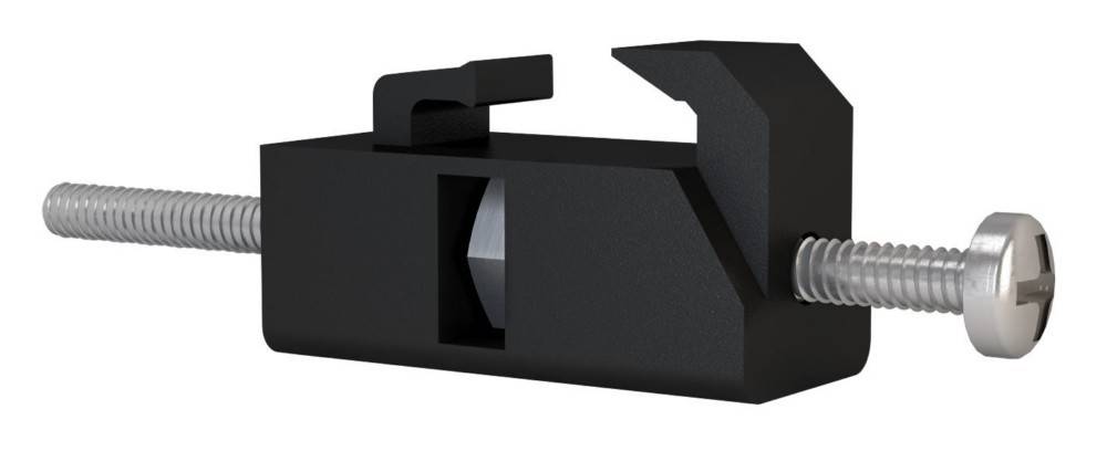 Ein 3D-gerendetes Modell einer mechanischen Komponente mit einer Blockform, einem zylindrischen Ausschnitt und einer nach oben verlängerten, abgewinkelten Kante.