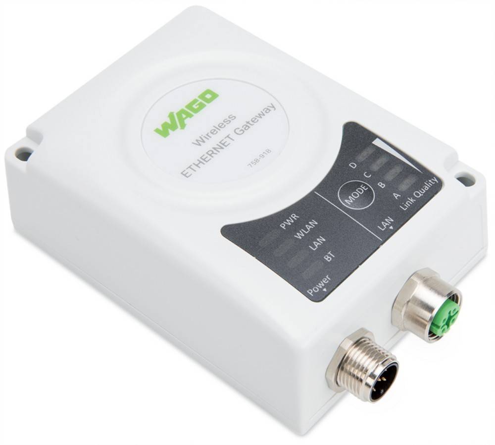 Ein drahtloser Ethernet-Gateway mit beschrifteten Anschlüssen und Anzeigen für PWR, WLAN, LAN und BT-Verbindungen. Die Beschriftung lautet ‚Drahtloser ETHERNET-Gateway'.
