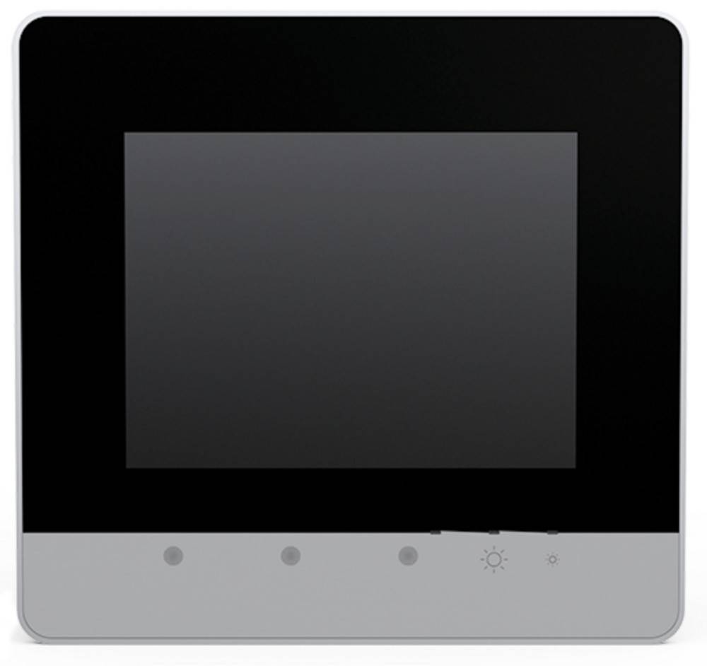 Ein schwarzes Touchscreen-Panel mit einem grauen Rahmen und fünf kreisförmigen Tasten darunter, die Symbole für Helligkeit und andere Steuerungsfunktionen aufweisen.
